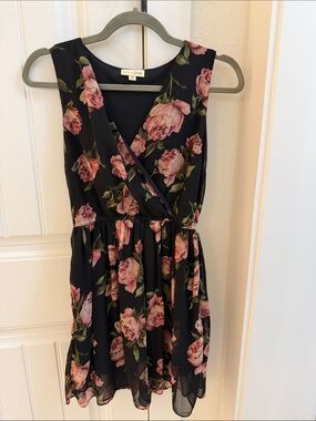 Maison Jules Black Floral Wrap-Style Mini Dress with Pink Roses